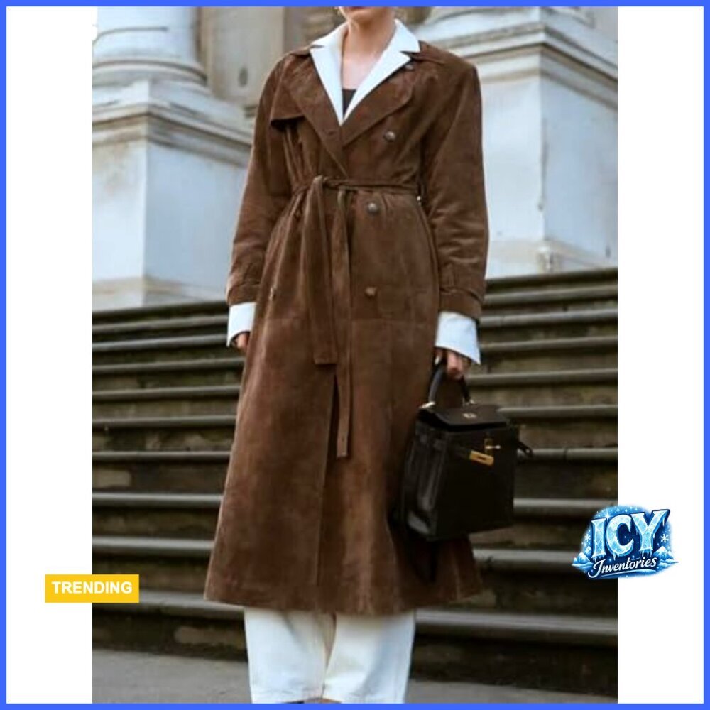 Faux Suede Trench Coat Double Breasted Belted Slim Fit Ankle Length - Picture 2 of 7